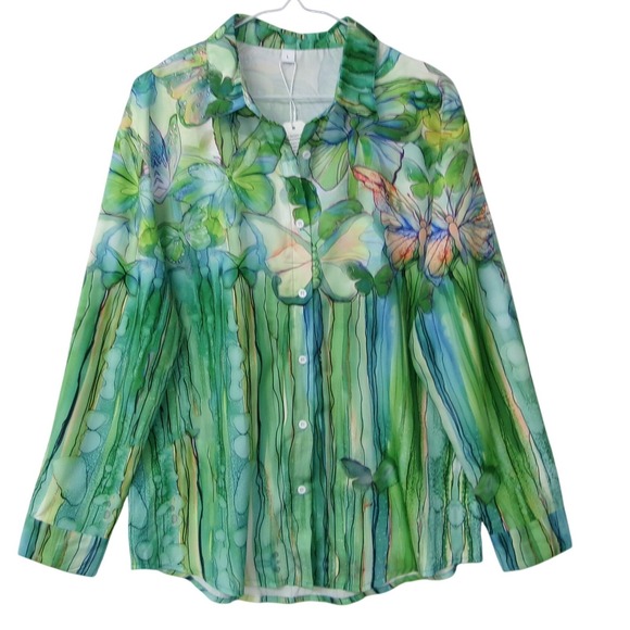 Boutique Tops - Green Butterfly Print Button Down Shirt Long Sleeve Blouse Nature Art Top Large